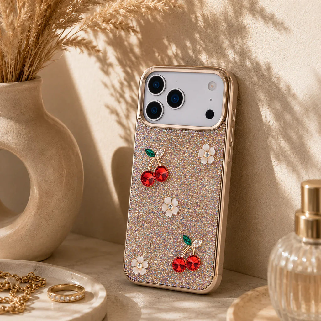 Hilo Crystal Cherry iPhone 18 Pro Max Case – Gold-Tone Frame – tiny.flex