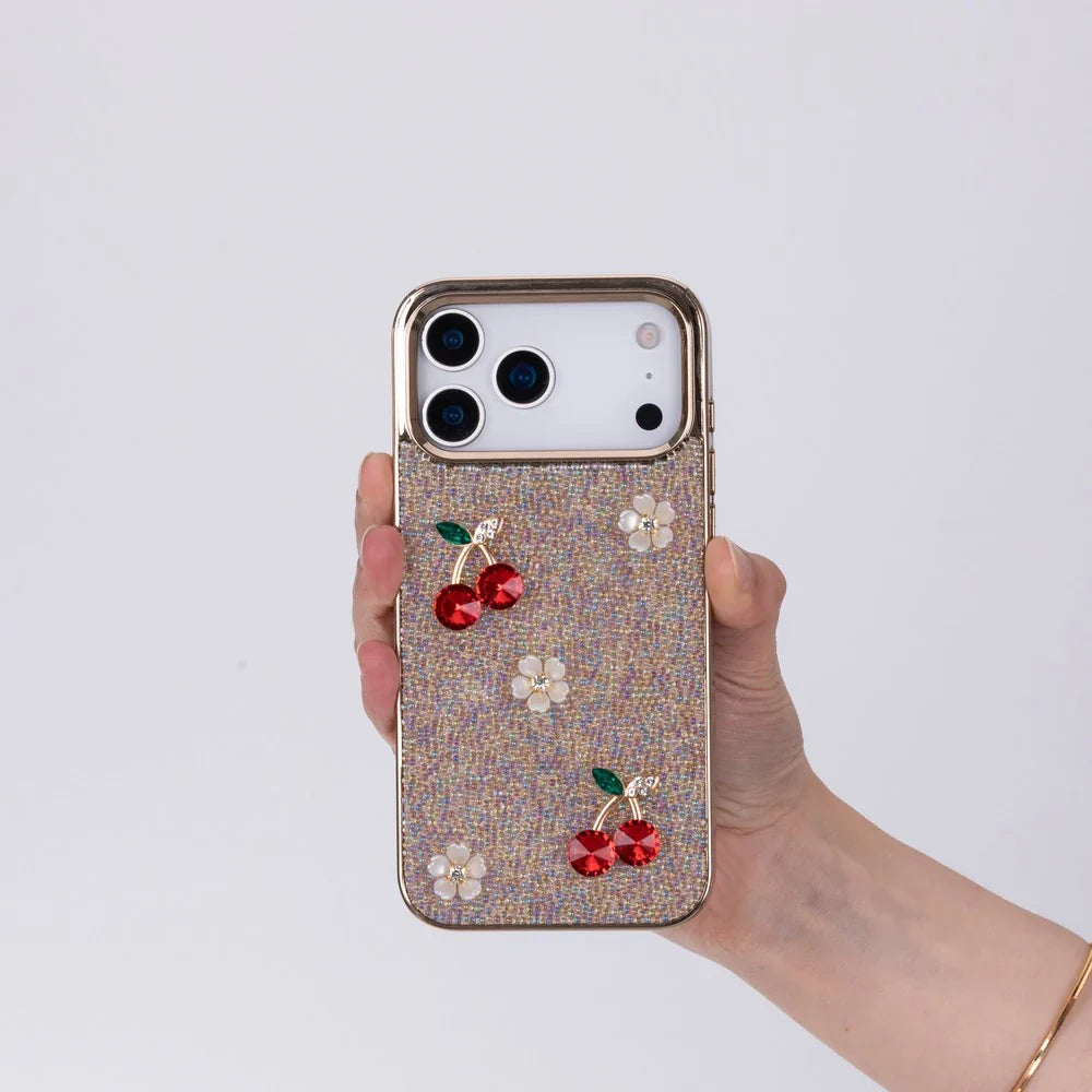 Hilo Crystal Cherry iPhone 18 Pro Max Case – Gold-Tone Frame – tiny.flex