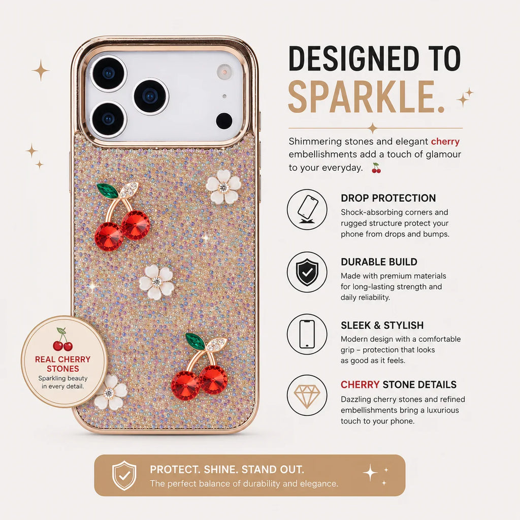 Hilo Crystal Cherry iPhone 18 Pro Max Case – Gold-Tone Frame – tiny.flex